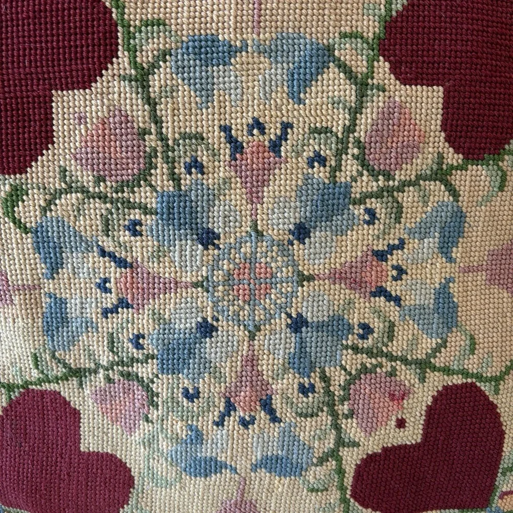 VTG Handmade Needlepoint Pillow Folk Art Floral Hearts Cottage Scandi 15X15 80s